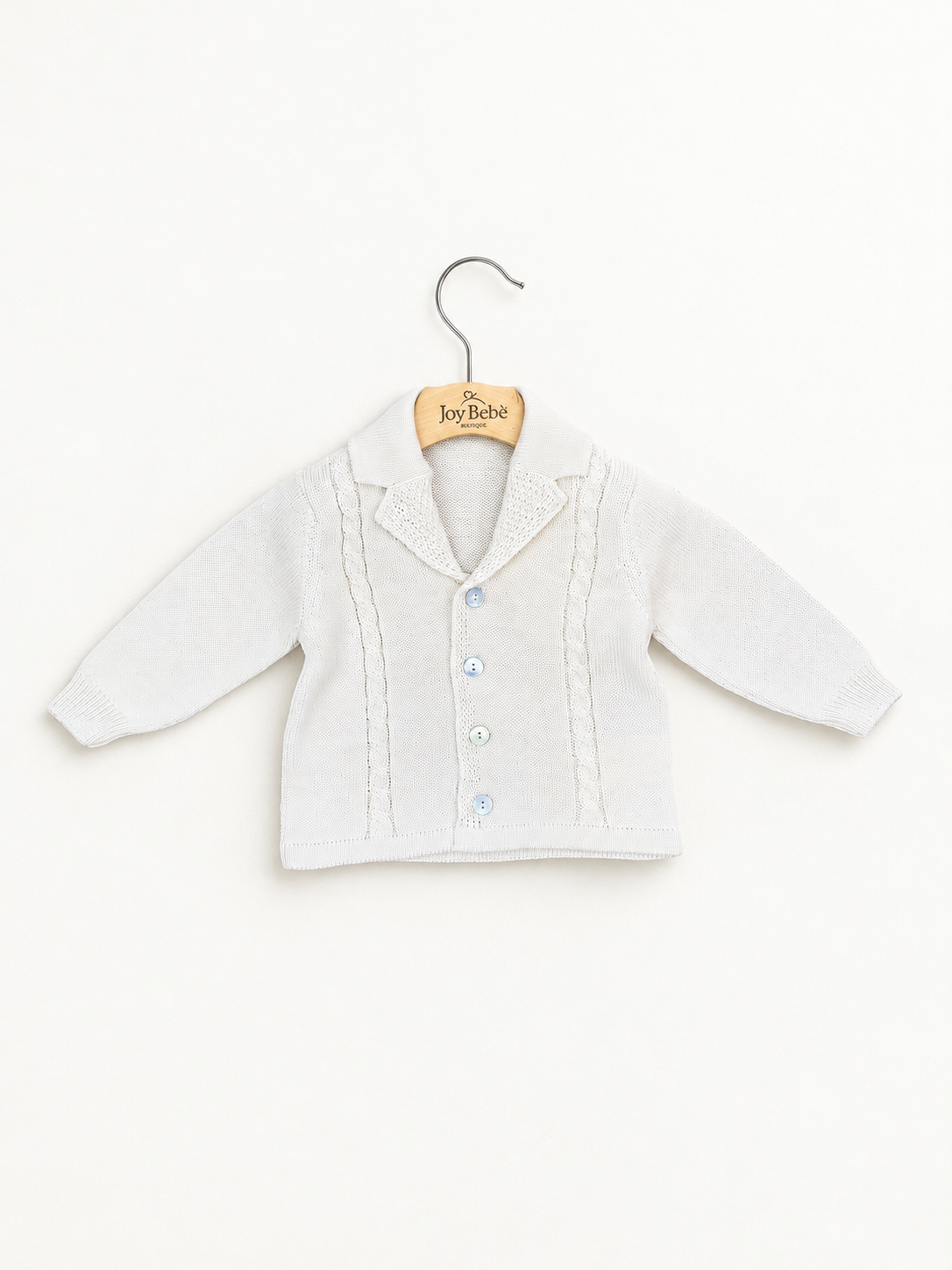Cardigan Barcellino vista completa, sfondo bianco caldo